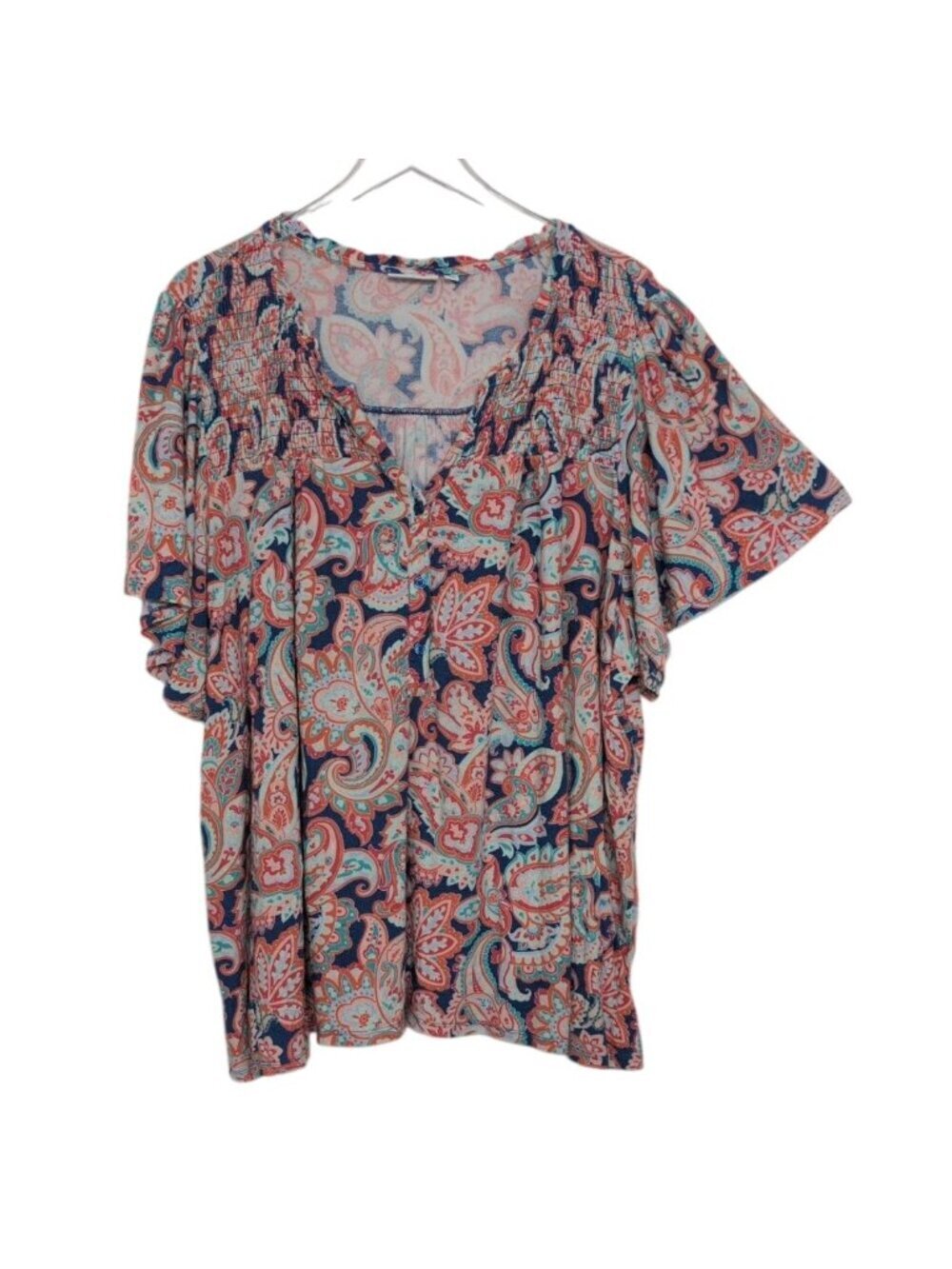 Kim Rogers Paisley Floral Shirt Womens Size 4X Blue Smocked Stretch Popover